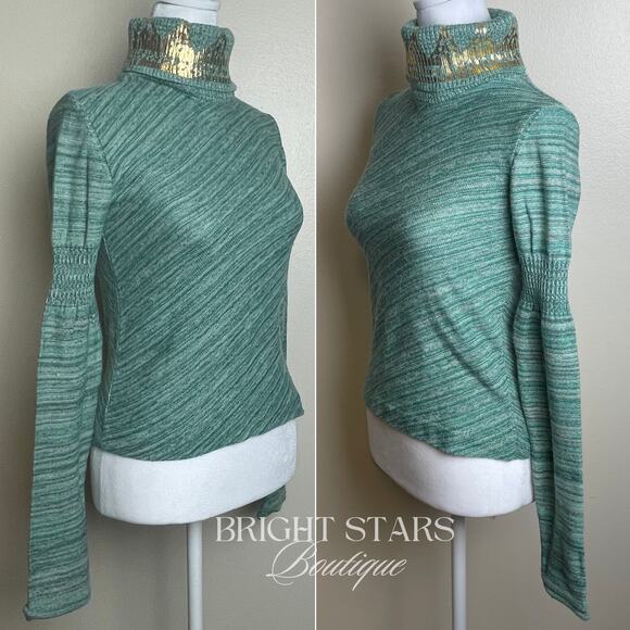 Rare Green Sweater Long Sleeve Gold Foiled Turtleneck ALT ASO Monica Lorelai - Picture 7 of 10